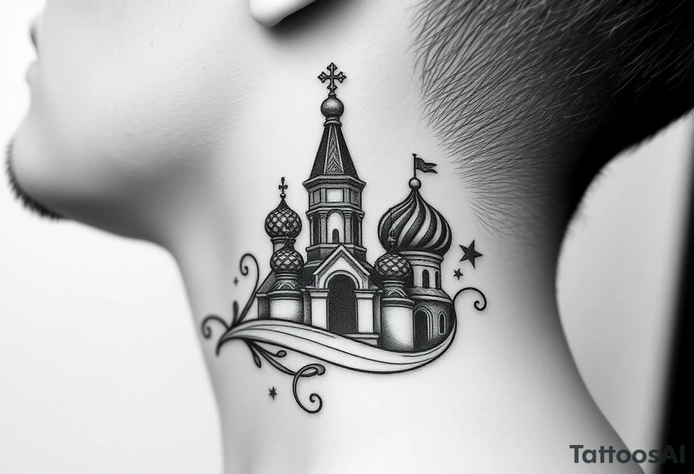 Flowing Scene

A onion domes orthodox church
Virgin Mary in prayer pose wrapping around the lower neck curve
A small double headed russian coat of arms eagle or just the star tucked above the dome near the hairline tattoo idea