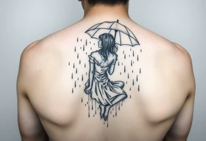 A girl sitting in the rain with no umbrella letting the rain take her away as it pours almost like she’s fading tattoo idea