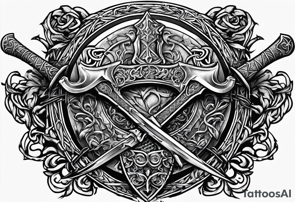 Valhalla sword shield axe barbed wire tattoo idea