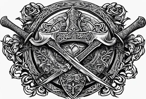 Valhalla sword shield axe barbed wire tattoo idea