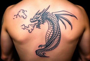 fierce dragon breathing iridescent fire against stormy skies tattoo idea