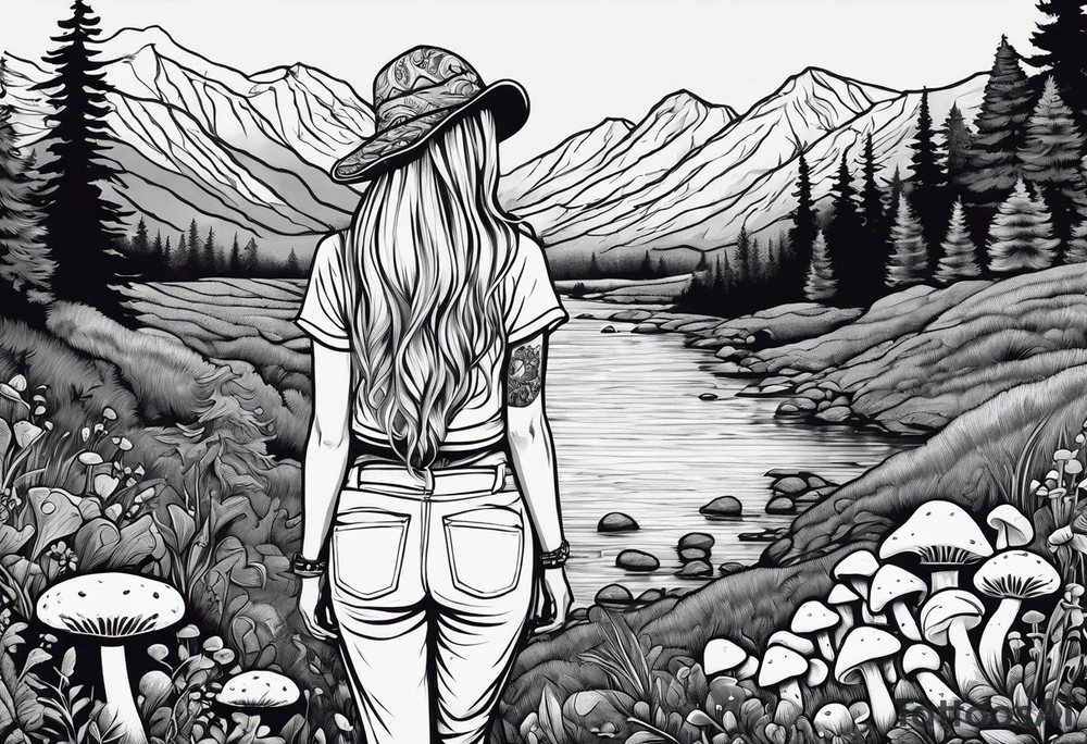 Straight long blonde hair hippie girl in distance holding mushrooms in hand facing away toward mountains and creek surrounded by mushrooms tee shirt and hiking pants tattoo idea