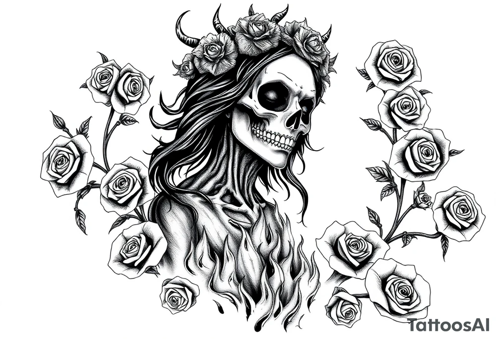 Powerful and evil day of the dead woman 
rising from the ashes of hell, surrounded by unclaimed souls and roses tattoo idea