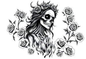 Powerful and evil day of the dead woman 
rising from the ashes of hell, surrounded by unclaimed souls and roses tattoo idea