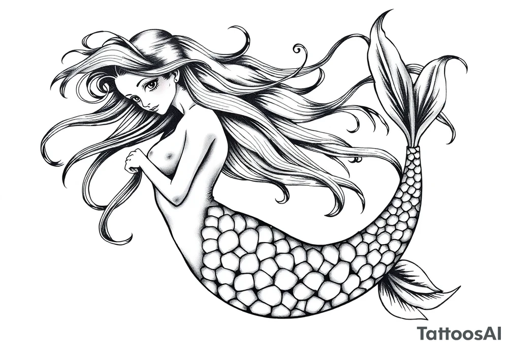 mermaid with flowing hair tattoo idea