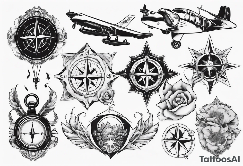 wonderlust with compass and skydiving and guns tattoo idea