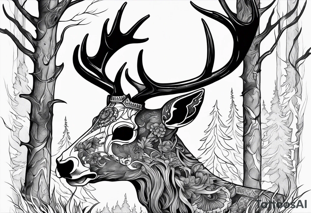 A side view of a frightening horror DECAYING deer skull JUST BONE surrounded by a forest fire in background tattoo idea