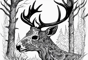 A side view of a frightening horror DECAYING deer skull JUST BONE surrounded by a forest fire in background tattoo idea