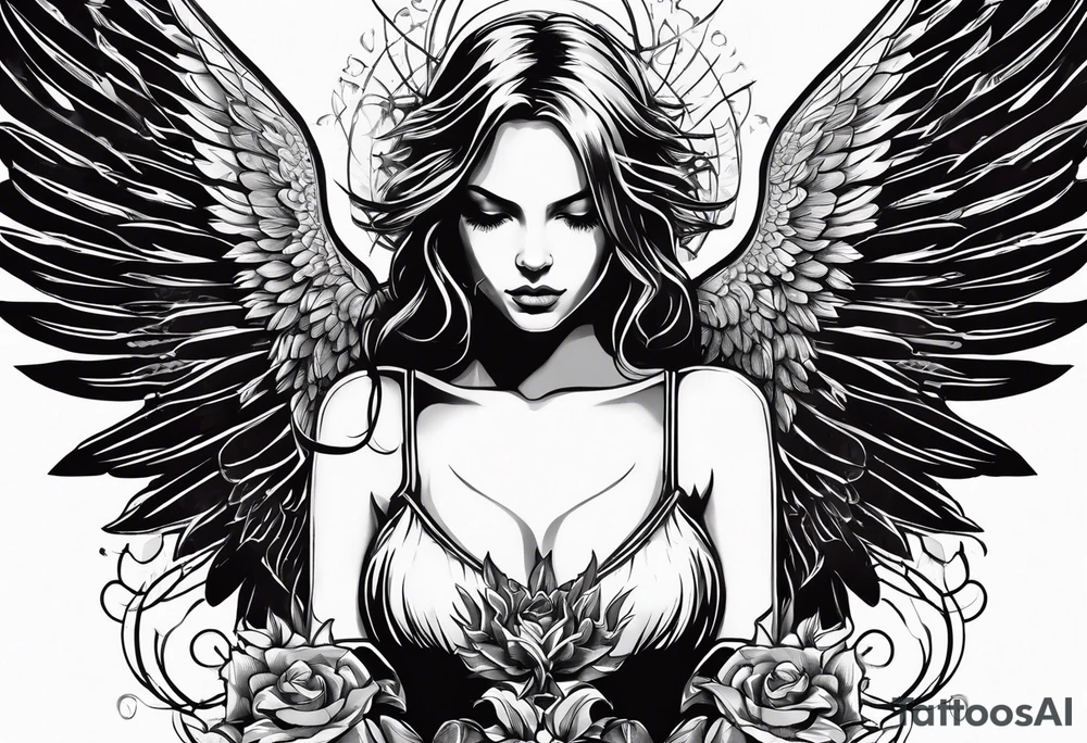 angel girl kneeling with face looking down wings wide open symbol of satan vector under her tattoo idea