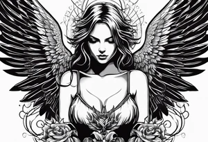 angel girl kneeling with face looking down wings wide open symbol of satan vector under her tattoo idea