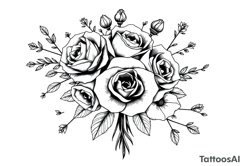 vintage bouquet of wild roses and meadow flowers with morning dew tattoo idea