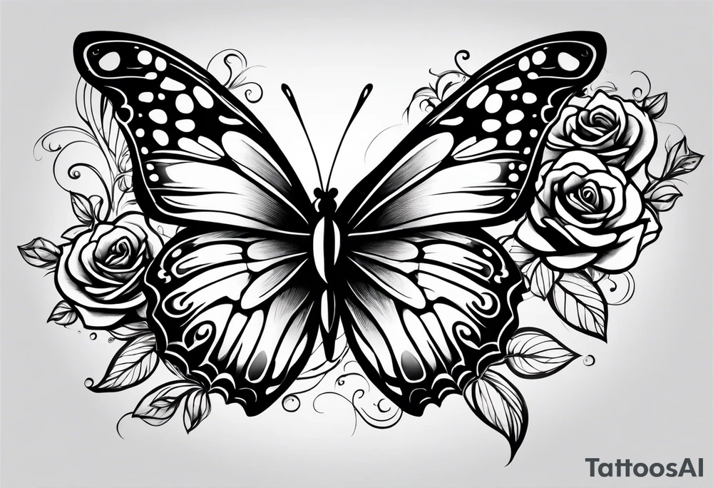 Butterfly flying with roses & filligree tattoo idea