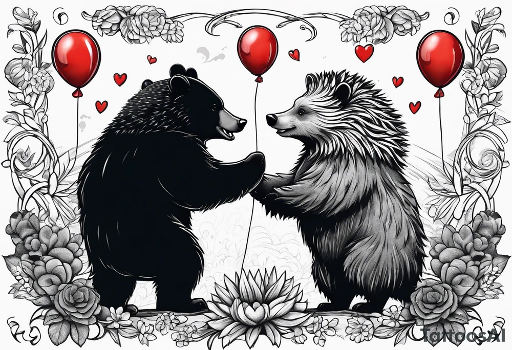 black bear and hedgehog, bear stands over comic hedgehog smiling, hedgehog has red balloon in hand, hedgehog stands on two feet. hedgehog holds bears hand tattoo idea