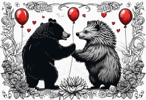 black bear and hedgehog, bear stands over comic hedgehog smiling, hedgehog has red balloon in hand, hedgehog stands on two feet. hedgehog holds bears hand tattoo idea