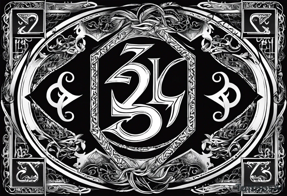 A card with the numbers 23, 16, 26 and 2 on the 4 ends
And inside the card the rune dagaz and fehu tattoo idea