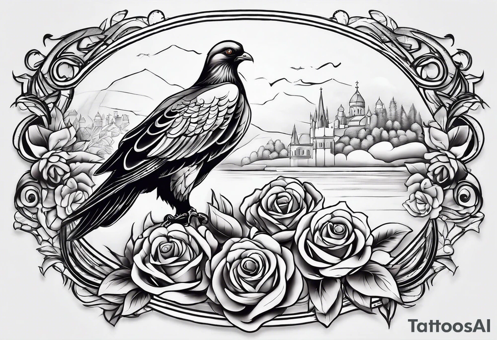 A tattoo that states pain and discipline to achieve your goals in life. it should be placed on the upper back and should express also catholic religion, with pigeon, eagle, roses and a lake. tattoo idea