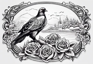 A tattoo that states pain and discipline to achieve your goals in life. it should be placed on the upper back and should express also catholic religion, with pigeon, eagle, roses and a lake. tattoo idea