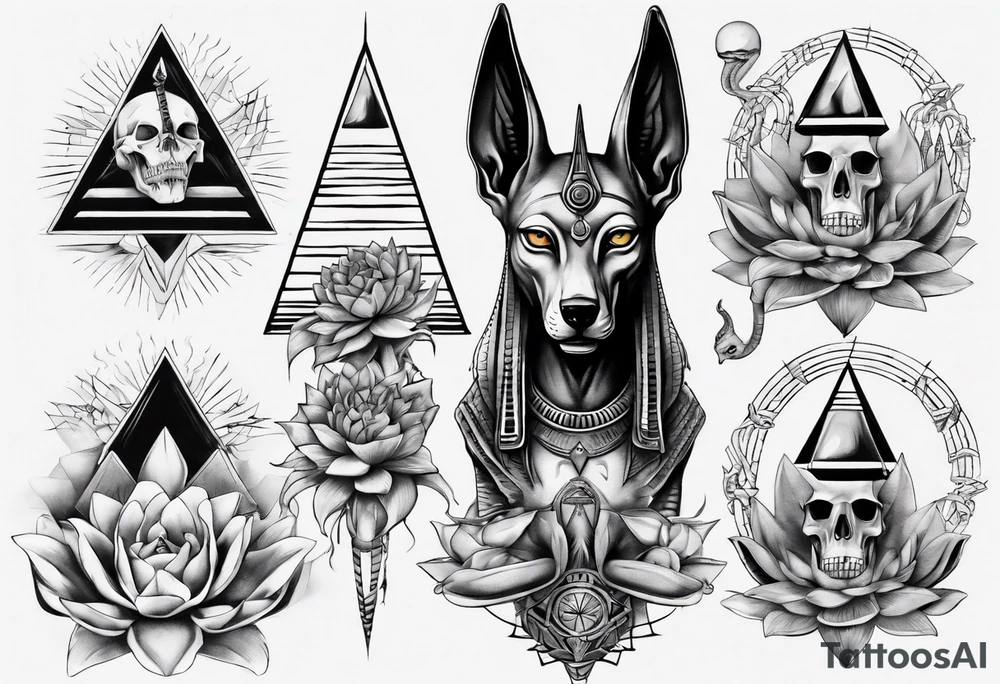 Anubis with snakes, skulls, lotus, and pyramids tattoo idea