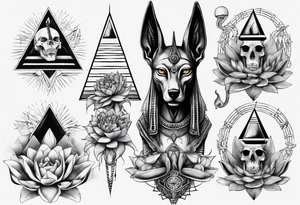 Anubis with snakes, skulls, lotus, and pyramids tattoo idea