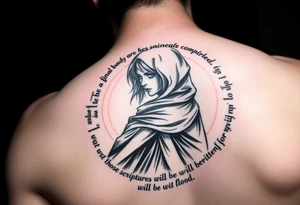 Gothic girl with a cape on in demi light circled around with these lyrics " I am the final dawn I am the flood and what was missing from those scriptures will be written in my blood" tattoo idea