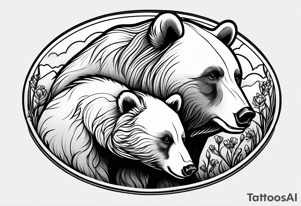 mother bear and cub enclosed in oval tattoo idea