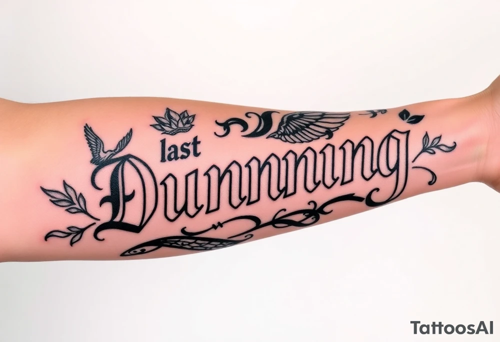 Last name Dunning, in Roman bold font in middle of forearm with background including leaves,angel wing going near elbow,tribal pattern. tattoo idea