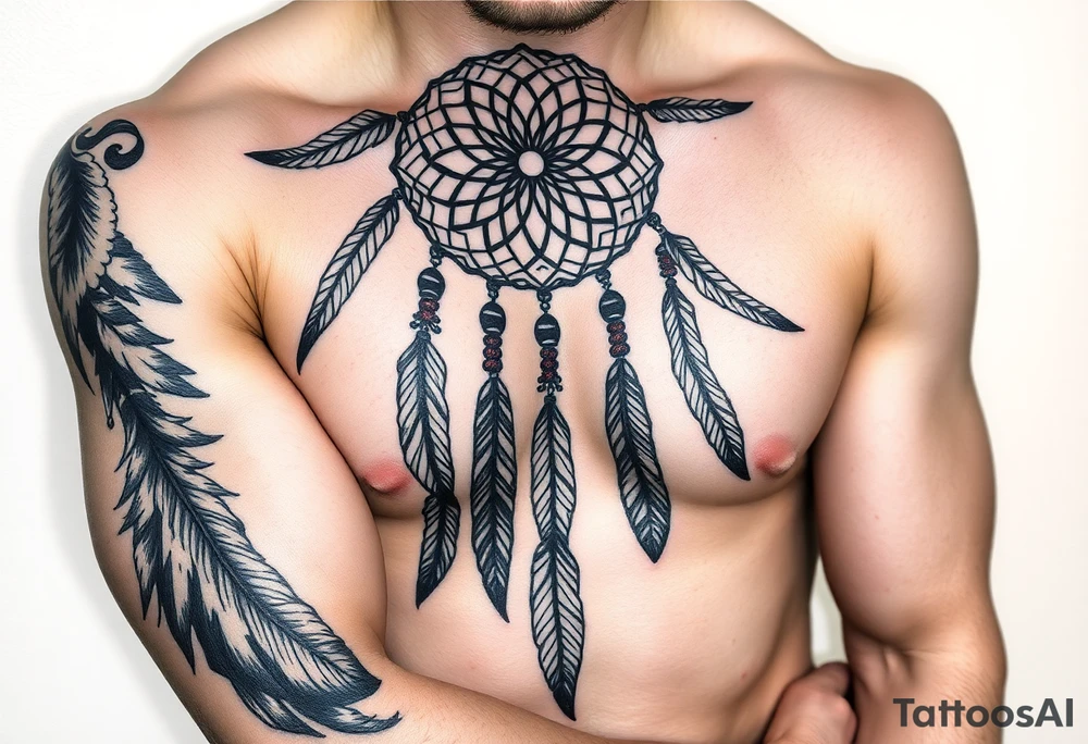 native dreamcatcher with flowing feathers and sacred beads tattoo idea
