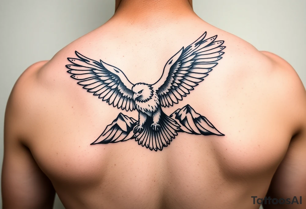 majestic eagle spreading wings against mountain peaks tattoo idea