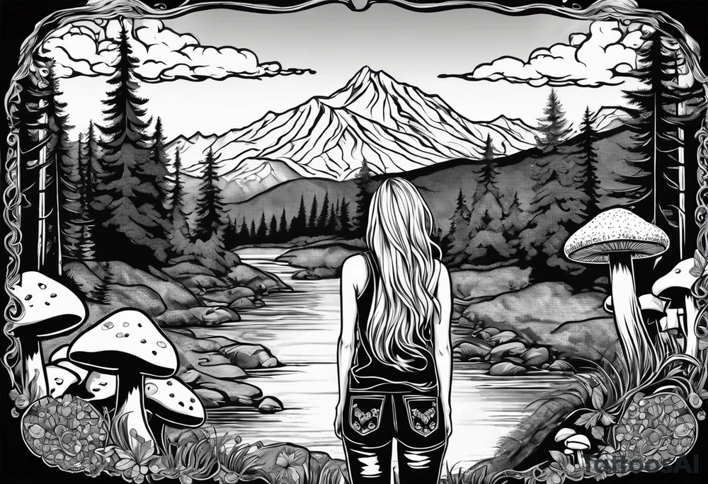 Whole picture encircled fully

Straight long blonde hair hippie girl in distance holding mushrooms in hand facing away toward mountains and creek surrounded by mushrooms tee shirt and hiking pants; whole rendering within a full circle, no cut off circle tattoo idea