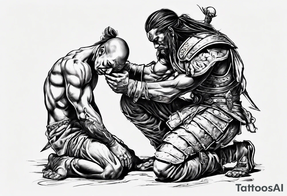 Warrior kneeling down feeding the weak. He needs to be holding the world on his shoulders with the other hand. You can’t be peaceful without being capable of violence tattoo idea