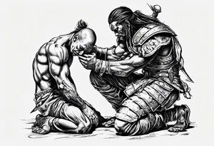 Warrior kneeling down feeding the weak. He needs to be holding the world on his shoulders with the other hand. You can’t be peaceful without being capable of violence tattoo idea