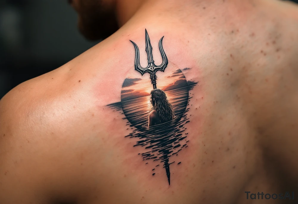 trident with Poseidon half way under calm water at sunset tattoo idea