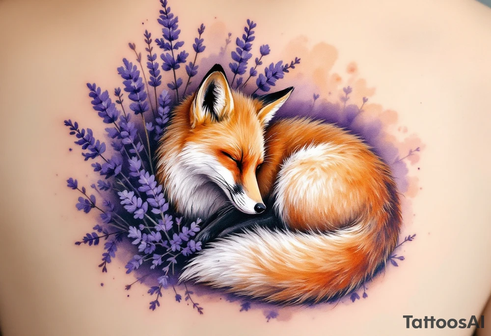 A fox curled up beneath a lavender bush, with warm orange tones contrasting the cool purple hues. tattoo idea