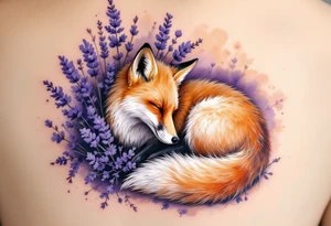 A fox curled up beneath a lavender bush, with warm orange tones contrasting the cool purple hues. tattoo idea