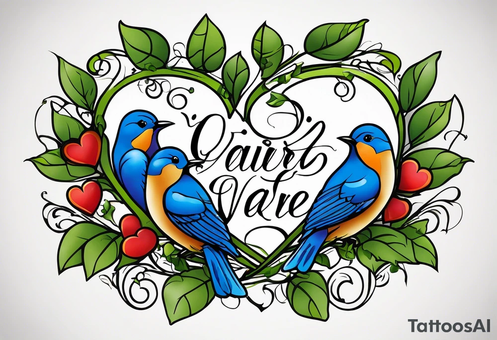 "Quisquis amat valeat, pereat quid nescit amare, bis tanto pereat quisquis amare vetat" intertwined with ivy leaves, hearts and bluebirds tattoo idea