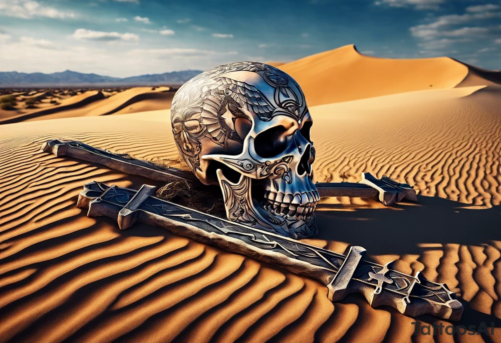 skeleton crawling towards a cross in a desert tattoo idea