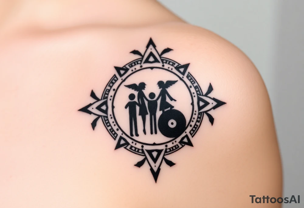 Magestic symbol of parents with 3 kids surrounded by geometric patterns, Gemini sign, and ying yang tattoo idea