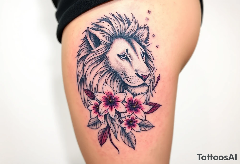 Lion with larkspur and water lilies tattoo idea