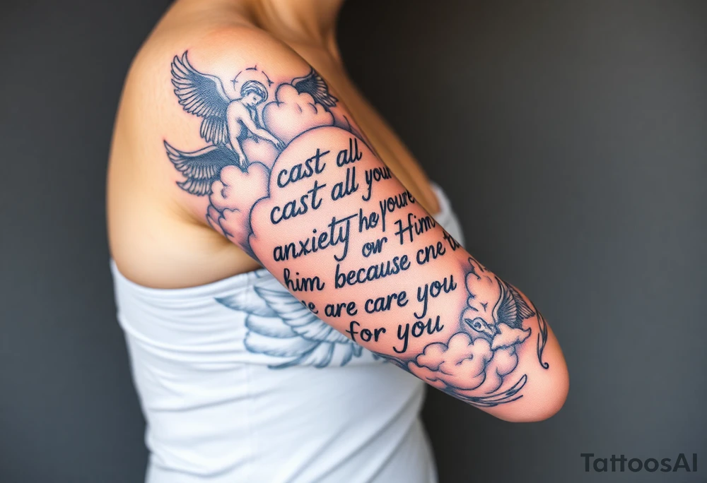 cast all your anxiety on him because he cares for you"  surrounded with clouds and angels tattoo idea