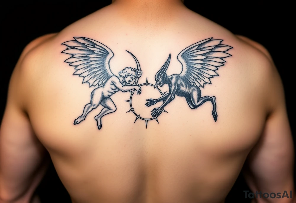 white angel and black devil flying at each other, fighting over a halo tattoo idea