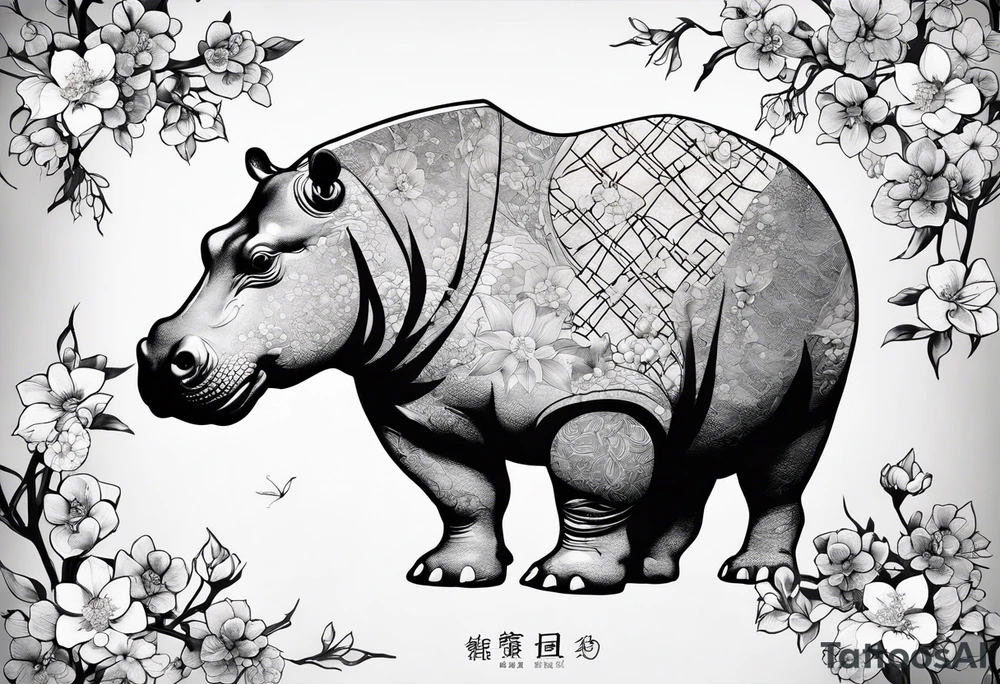 Asymmetrical, geometric, chinese ink art touch, hippo , full moon, wintersweet flower, light , modify from my favourite, s-shape tattoo idea