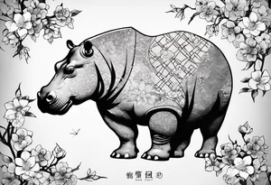 Asymmetrical, geometric, chinese ink art touch, hippo , full moon, wintersweet flower, light , modify from my favourite, s-shape tattoo idea
