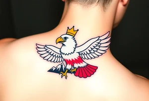 A red and white Moravian eagle with golden crown on its head  soaring above mountain peaks, with the sun rising behind it tattoo idea