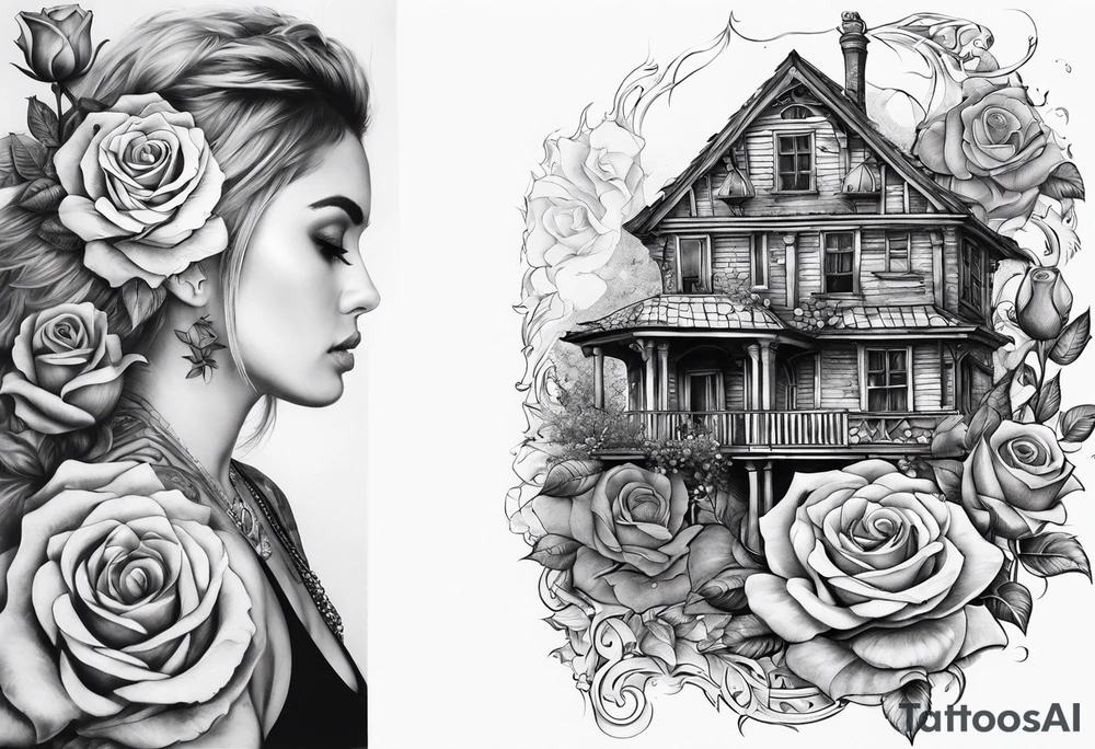 fool sleeve,, abandoned old gotic house, broken sword, roses, tattoo idea
