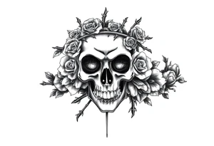 ornate skull adorned with crown of wild roses and thorns tattoo idea