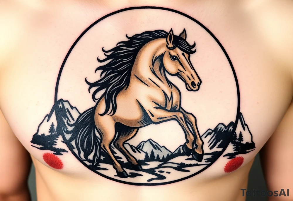 A golden mustang horse with black mane and legs, captured in motion inside a circle. The mountains and nature should frame the design, blending with the horse's black fur as a base to represent the landscape. Experiment with using the black fur to shape the mountains, playing with edges or interior details. tattoo idea