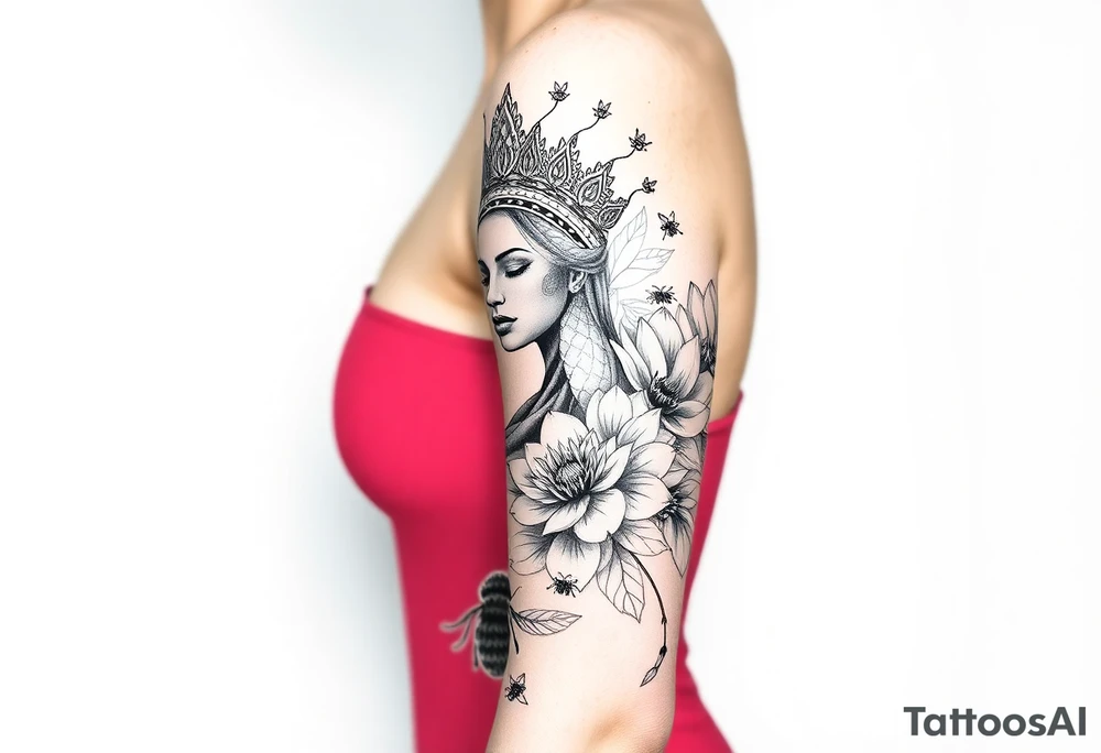 African Queen,  lotus flowers surrounding,  bees tattoo idea