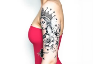 African Queen,  lotus flowers surrounding,  bees tattoo idea