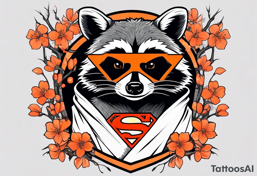 Raccoon wearing a white Superman logo on a black hoodie and orange Japanese cherry blossoms beside tattoo idea