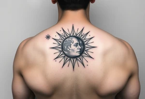 celestial sun and moon embrace with constellation patterns tattoo idea